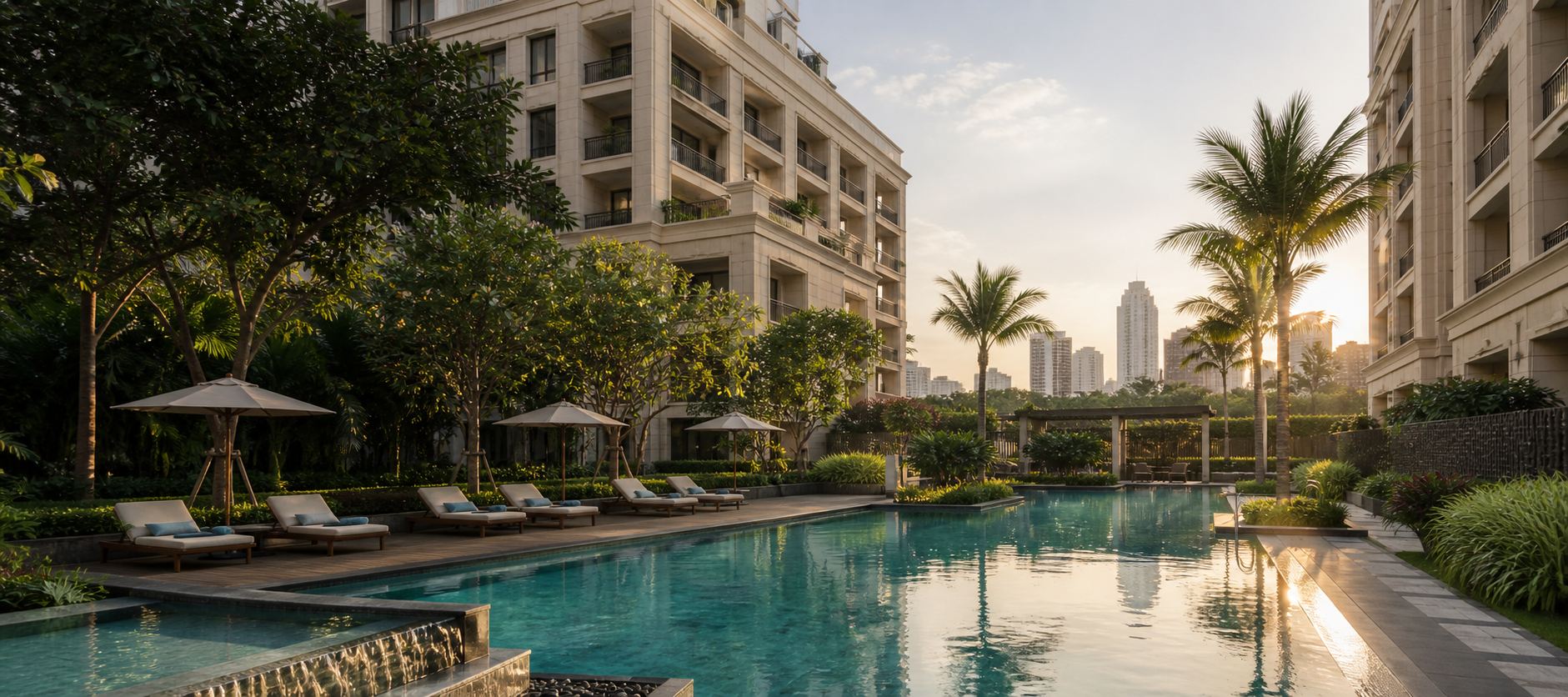 Taj Estates apartment community and landscaped pool